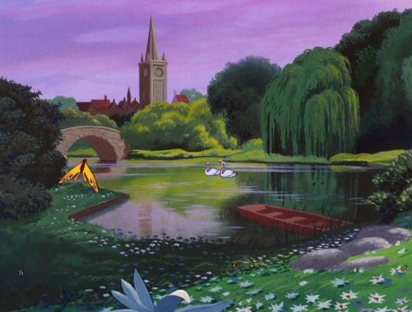 Il y a une vue sur le lac avec des cygnes et un papillon. Il y a pleins d'arbres et de fleurs