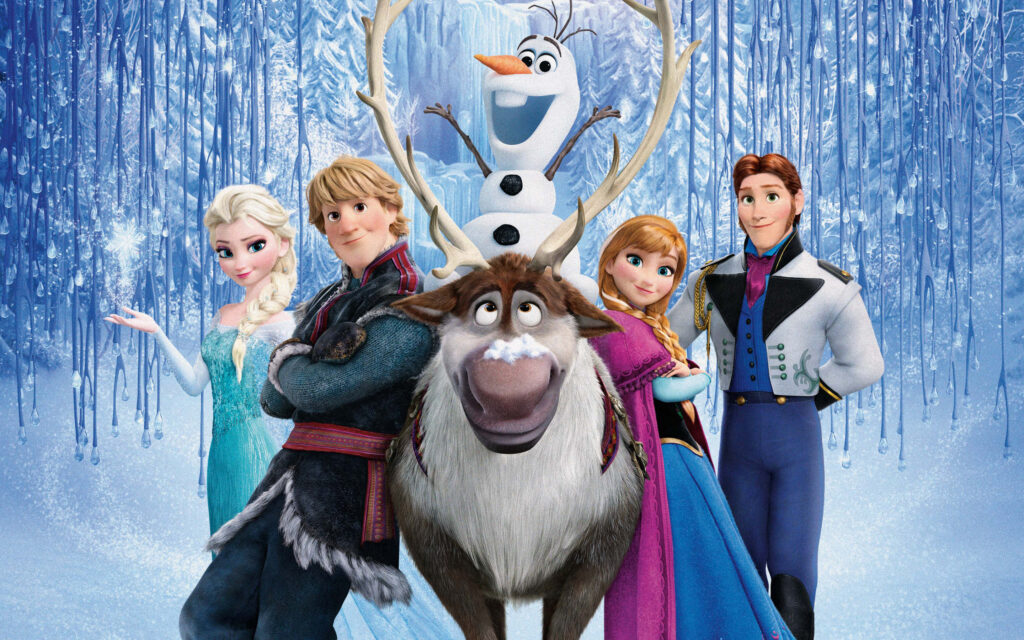 Les personnages de « La reine des neiges » (Elsa, Anna, Kristoff, Olaf, Sven et Hans) posent pour un portrait. Le fond est rempli de neige