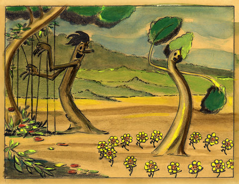 Un arbre joue de la musique tandis que l'autre danse avec des petites fleurs autour de lui. Il y a des montagnes en arrière-plan